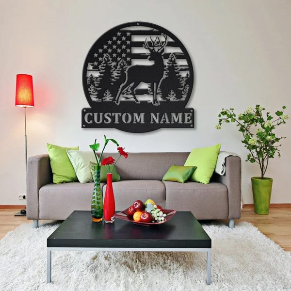 Personalized US Flag Deer Antler Hunting Monogram Metal Sign Wall Art Deer Camp Sign