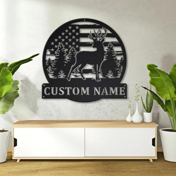 Personalized US Flag Deer Antler Hunting Monogram Metal Sign Wall Art Deer Camp Sign