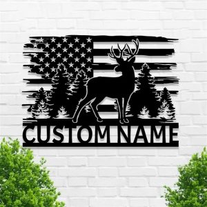 Personalized US Flag Deer Hunting Metal Sign Custom Hunter Name Signs Gift for Hunter 2
