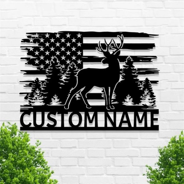 Personalized US Flag Deer Hunting Metal Sign Custom Hunter Name Signs Gift for Hunter