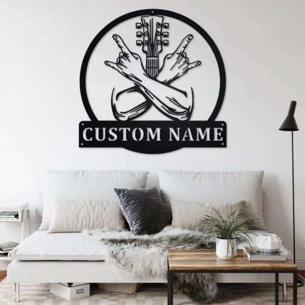 Rock Crossed Hands Metal Art Personalized Metal Name Sign Music Room Decor Gift for Rock Lover