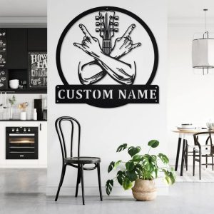 Rock Crossed Hands Metal Art Personalized Metal Name Sign Music Room Decor Gift for Rock Lover 3