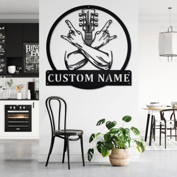 Rock Crossed Hands Metal Art Personalized Metal Name Sign Music Room Decor Gift for Rock Lover