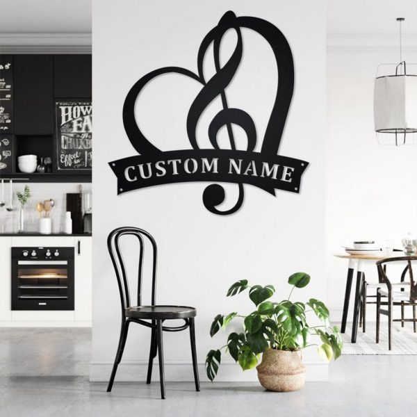 Treble Clef in Heart Metal Art Personalized Metal Name Sign Music Room Decor