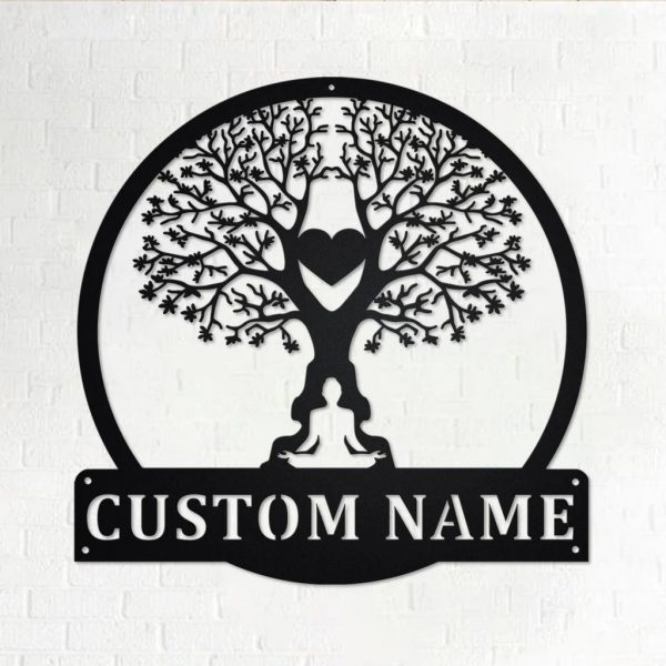 Tree namaste Heart Metal Wall Art Personalized Metal Name Sign for Yoga Room Decoration