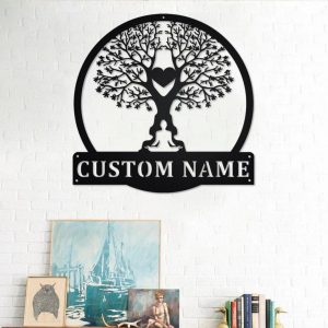 Tree namaste Heart Metal Wall Art Personalized Metal Name Sign for Yoga Room Decoration