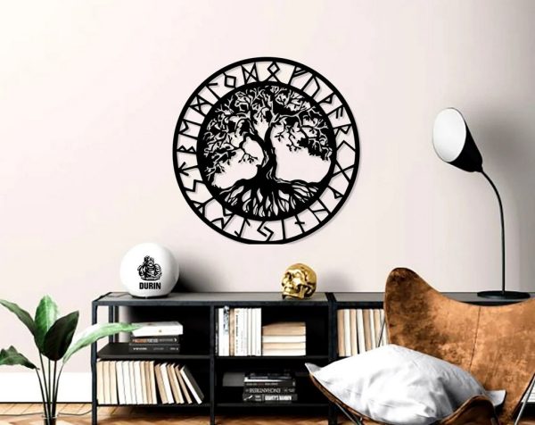 Viking Runes With Tree Of Life Metal Wall Art Decor Home Gift for Yoga Lover