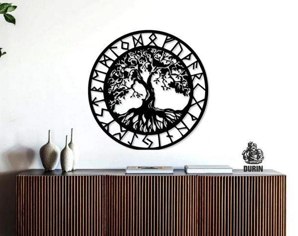 Viking Runes With Tree Of Life Metal Wall Art Decor Home Gift for Yoga Lover