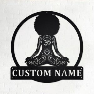 Yoga Black Women Metal Wall Art Personalized Metal Name Sign for Yoga Room Decoration