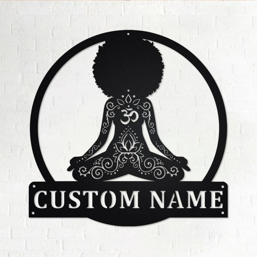 Yoga Black Women Metal Wall Art Personalized Metal Name Sign for Yoga Room Decoration Yoga Decor
