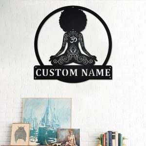 Yoga Black Women Metal Wall Art Personalized Metal Name Sign for Yoga Room Decoration