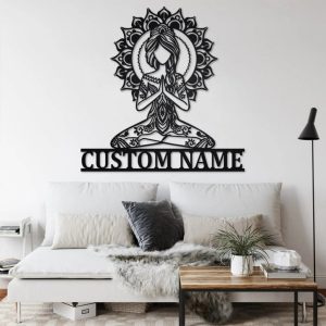Yoga Girl Mandala Metal Wall Art Personalized Metal Name Sign for Yoga Room Decoration