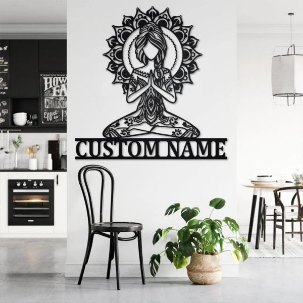 Yoga Girl Mandala Metal Wall Art Personalized Metal Name Sign for Yoga Room Decoration