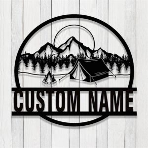 camping Mountain Signs Personalized Metal Name Sign Campfire Art Decor for Camper