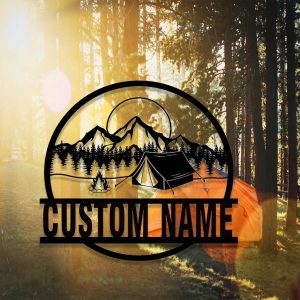 camping Mountain Signs Personalized Metal Name Sign Campfire Art Decor for Camper