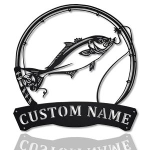 Amberjack Fish Fishing Pole Metal Art Personalized Metal Name Sign Decor Home Gift for Fisherman 1