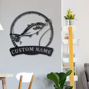 Amberjack Fish Fishing Pole Metal Art Personalized Metal Name Sign Decor Home Gift for Fisherman 2