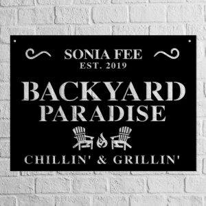 Backyard Paradise Home Bar Signs Personalized Metal Signs Custom Barbeque Metal Family Last Name Sign 3