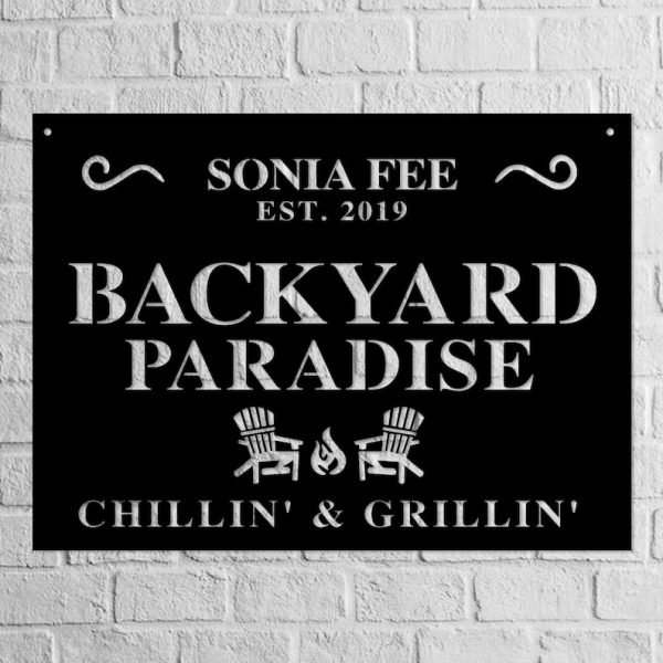 Backyard Paradise Home Bar Signs Personalized Metal Signs Custom Barbeque Metal Family Last Name Sign