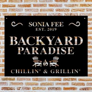 Backyard Paradise Home Bar Signs Personalized Metal Signs Custom Barbeque Metal Family Last Name Sign 4