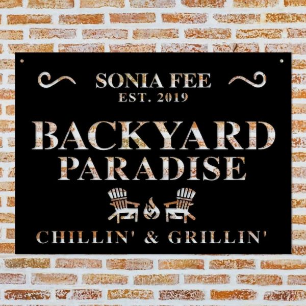 Backyard Paradise Home Bar Signs Personalized Metal Signs Custom Barbeque Metal Family Last Name Sign