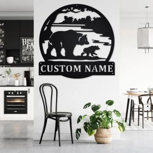 Bear And Cub Scenic Metal Art Personalized Metal Name Sign Decoration for Room 3