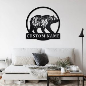 Bear And Forest Metal Art Personalized Metal Name Sign Decoration for Room Gift for Hunter Dad 1