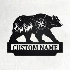 Bear And Mountains Landscape Metal Art Personalized Metal Name Sign Decoration for Room Gift for Hunter Dad 1