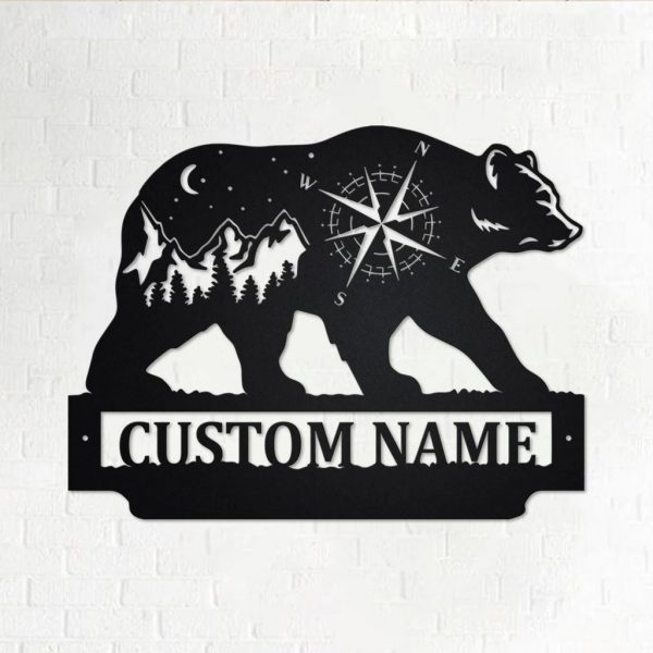 Bear And Mountains Landscape Metal Art Personalized Metal Name Sign Decoration for Room Gift for Hunter Dad