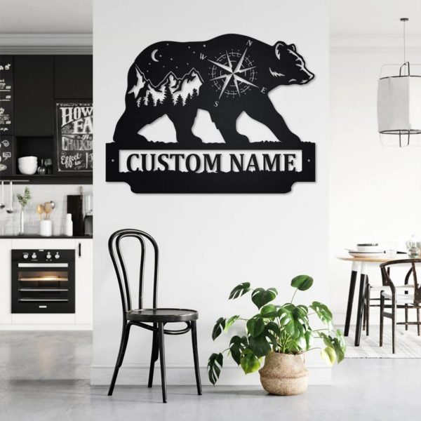 Bear And Mountains Landscape Metal Art Personalized Metal Name Sign Decoration for Room Gift for Hunter Dad