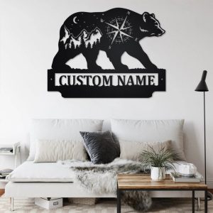 Bear And Mountains Landscape Metal Art Personalized Metal Name Sign Decoration for Room Gift for Hunter Dad 3