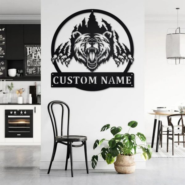 Bear Claws Scratch Metal Art Personalized Metal Name Sign Decoration for Room Gift for Hunter Dad