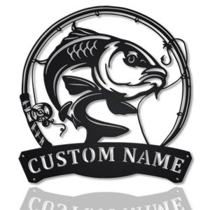 Carp Fishing Fish Pole Metal Art Personalized Metal Name Sign Decor Home Gift for Fishing Lover 1