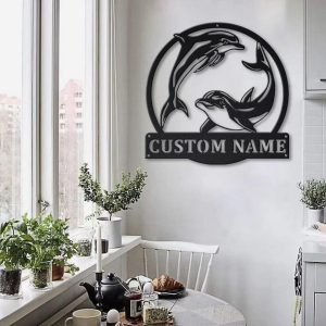 Couple Dolphin Metal Art Personalized Metal Name Sign Decor Home Gift for Animal Lover 2