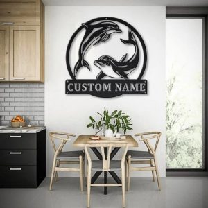 Couple Dolphin Metal Art Personalized Metal Name Sign Decor Home Gift for Animal Lover 3