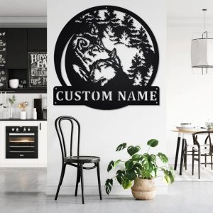 Couple Wolf Metal Art Personalized Metal Name Sign Decor Home Gift for Hunter 3