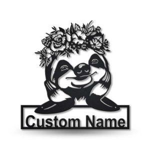 Floral Sloth Metal Art Personalized Metal Name Sign Decor Home Gift for Animal Lover