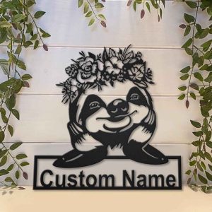 Floral Sloth Metal Art Personalized Metal Name Sign Decor Home Gift for Animal Lover 2