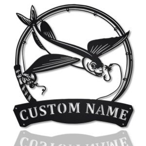 Flying Fish Fishing Pole Metal Art Personalized Metal Name Sign Decor Home Gift for Fishing Lover