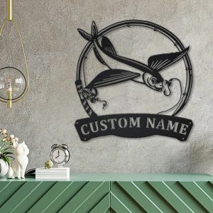 Flying Fish Fishing Pole Metal Art Personalized Metal Name Sign Decor Home Gift for Fishing Lover 4