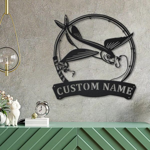 Flying Fish Fishing Pole Metal Art Personalized Metal Name Sign Decor Home Gift for Fishing Lover