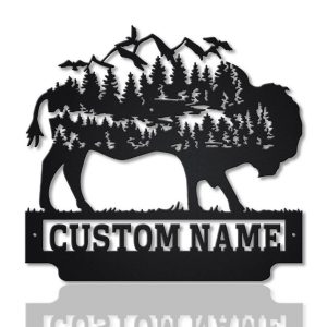 Forest Mountain Bison Metal Art Personalized Metal Name Sign Decor Home Gift for Animal Lover 1