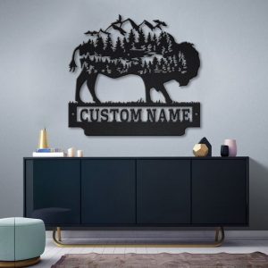 Forest Mountain Bison Metal Art Personalized Metal Name Sign Decor Home Gift for Animal Lover