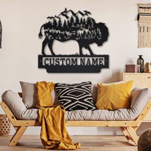 Forest Mountain Bison Metal Art Personalized Metal Name Sign Decor Home Gift for Animal Lover 3