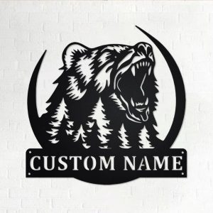 Grizzly Bear Metal Art Personalized Metal Name Sign Decoration for Room Gift for Hunter Dad