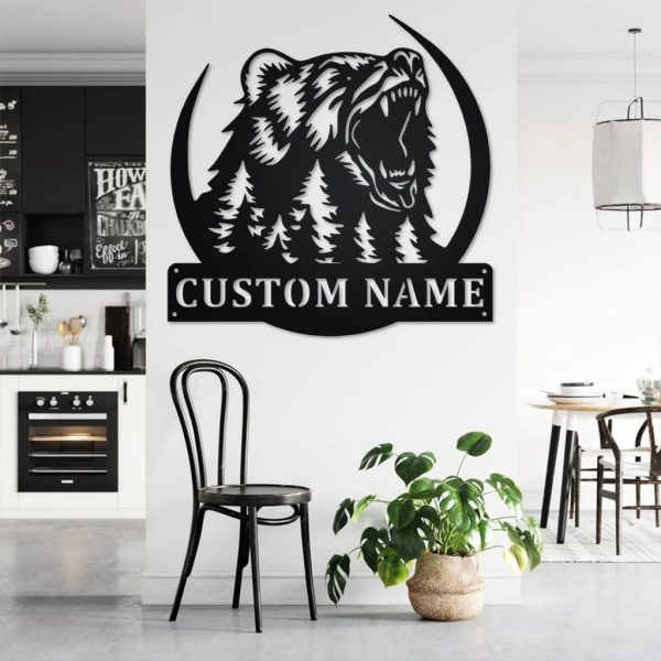 Grizzly Bear Metal Art Personalized Metal Name Sign Decoration for Room Gift for Hunter Dad