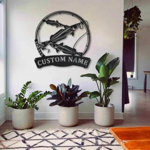 Haike Fishing Fish Pole Metal Art Personalized Metal Name Sign Decor Home Gift for Fishing Lover