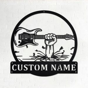 Hand Holding Electric Guitar Metal Art Personalized Metal Name Sign Music Room Decor