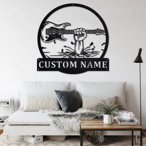 Hand Holding Electric Guitar Metal Art Personalized Metal Name Sign Music Room Decor
