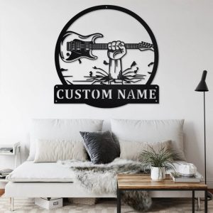 Hand Holding Electric Guitar Metal Art Personalized Metal Name Sign Music Room Decor 2